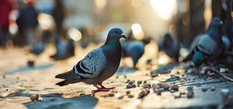 photo de pigeons avec graines au sol