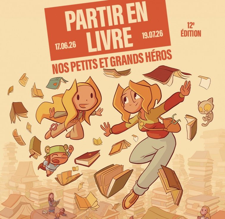 Illustration de Partir en Livre représentant deux personnages de Julien Neel au milieu de livres volants