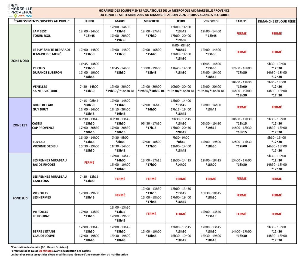 horaires piscine de venelles du 15 septembre 2025 au 21 juin 2026