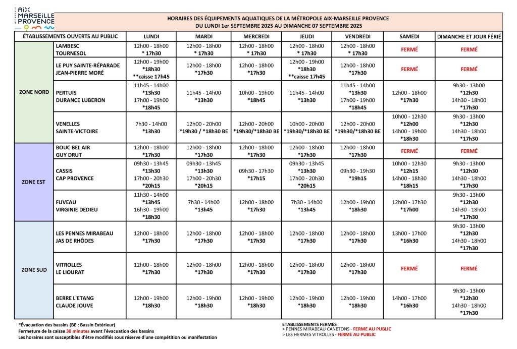 horaires piscine de venelles du 1er au 7 septembre