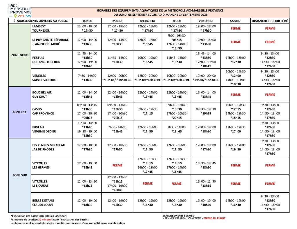 horaires piscine de venelles du 8 au 14 septembre