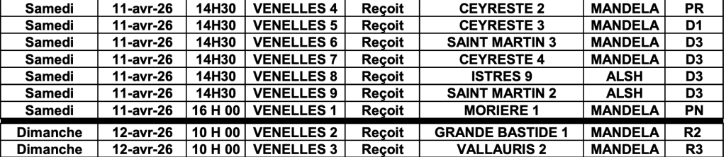 tableau des matchs à domicile du ping pong venelles en avril 2026