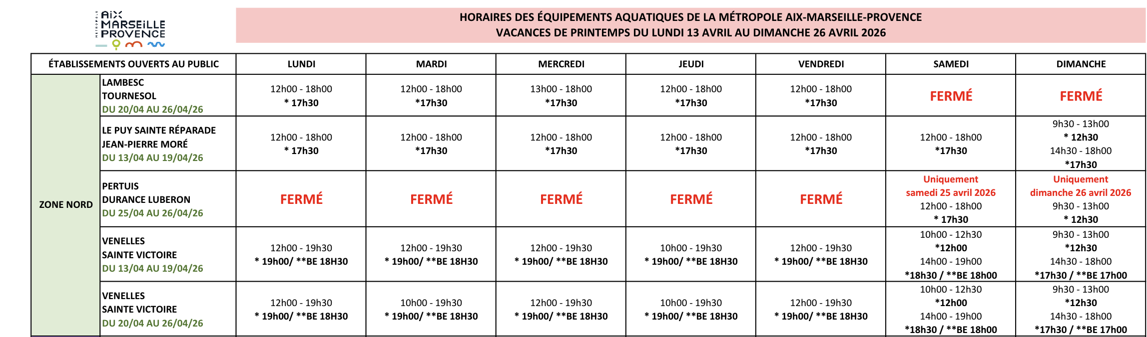 horaires de la piscine de Venelles pendant les vacances de printemps 2026