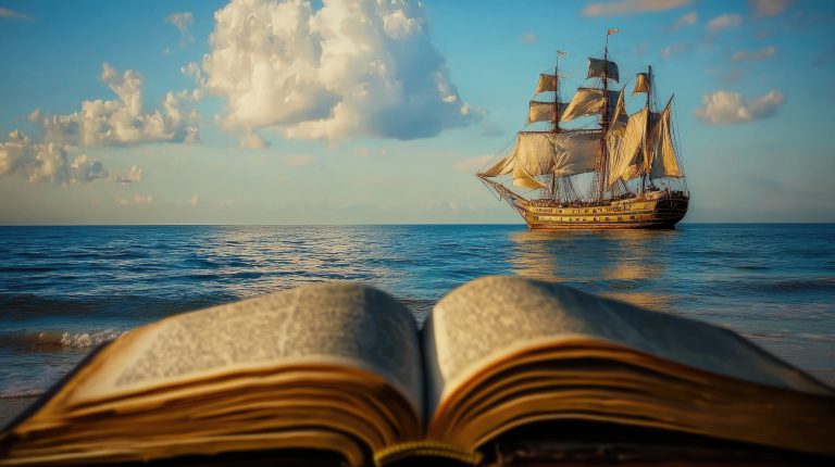 Un livre au premier plan et un voilier en second plan