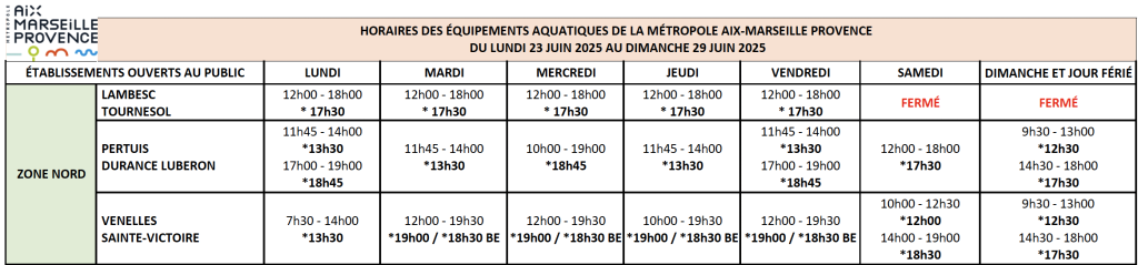 horaires de la piscine de Venelles du 23 au 29 juin 2025