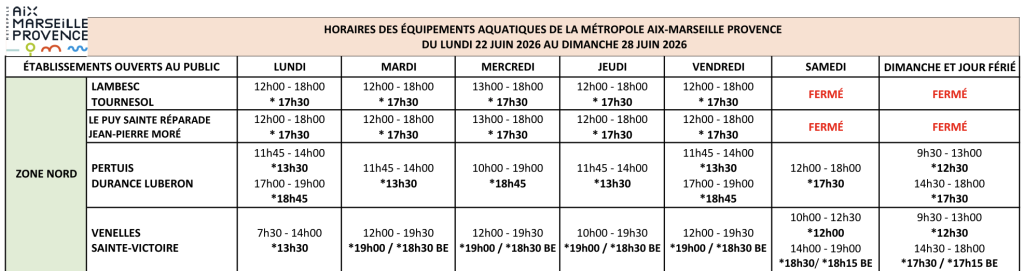 horaires piscine juin 2026