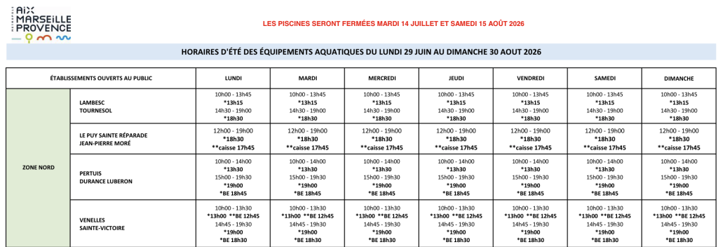 horaires piscine de Venelles été 2026