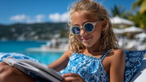 Photo représentant une petite fille en train de lire au bord de la piscine