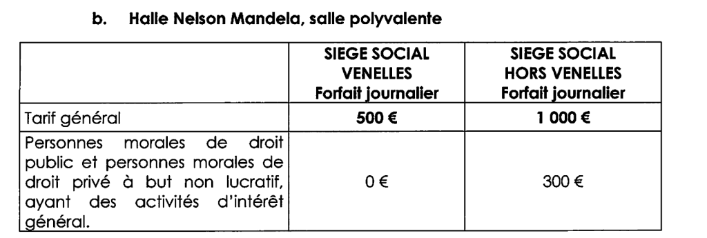 tarification salle Mandela, salle polyvalente