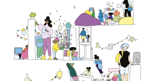 Illustration représentant des personnes dans une bibliothèque, en train de jouer au jeu vidéo, jeu de sociét, lire ou jouer aux jeux vidéos
