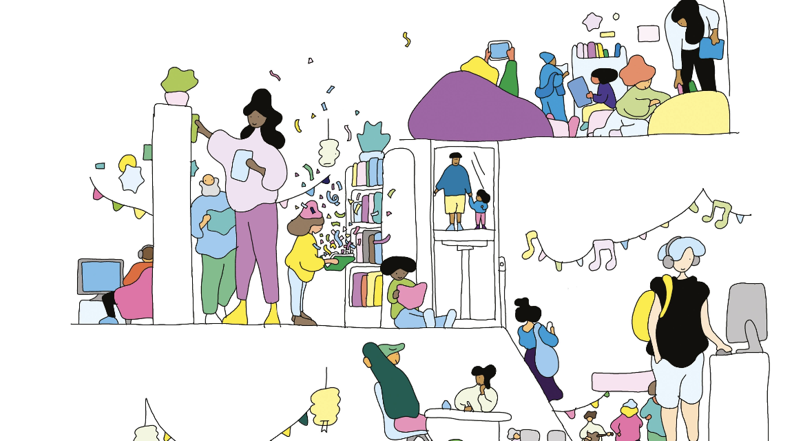Illustration représentant des personnes dans une bibliothèque, en train de jouer au jeu vidéo, jeu de sociét, lire ou jouer aux jeux vidéos