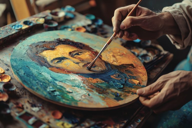 Photo représentant quelqu'un entrain de peindre un portrait d'homme. On ne distingue que la main avec le pinceau