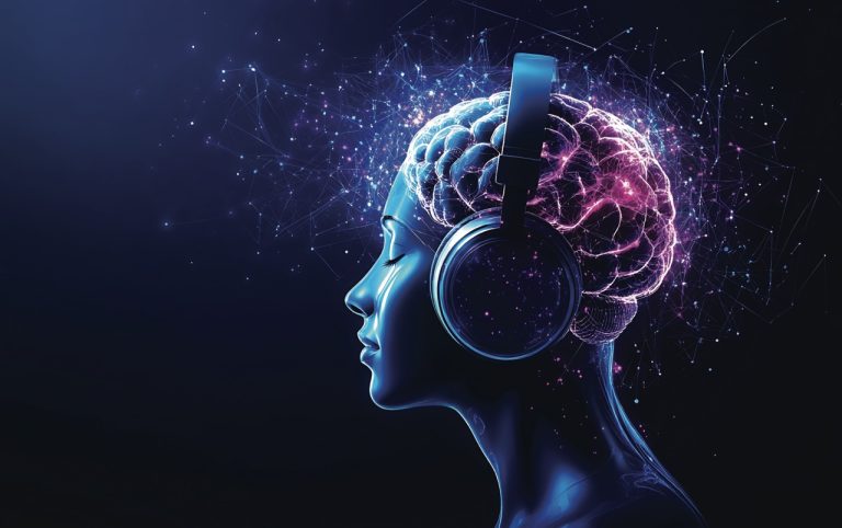 Illustration représentant une femme avec des écouteurs écoutant de la musique. On y aperçoit son activité cérebrale.