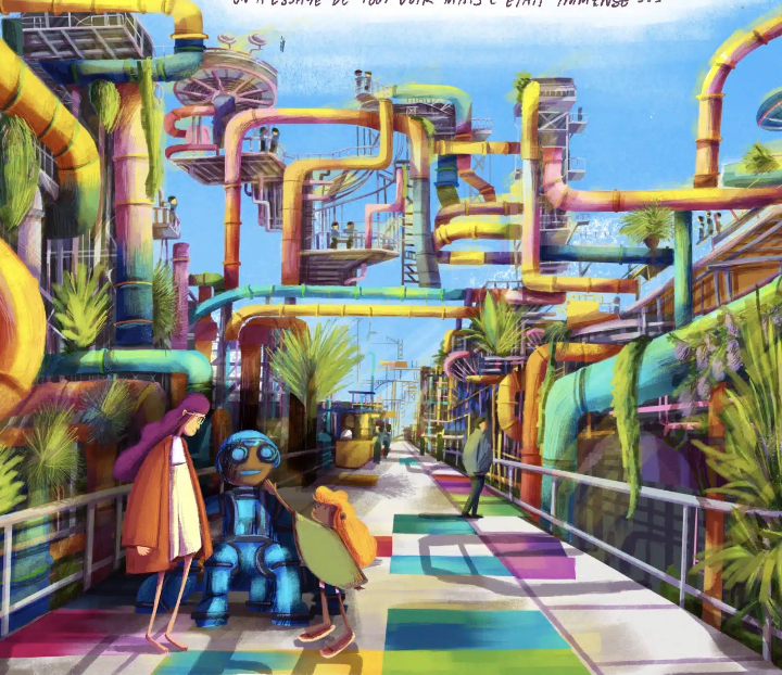 Illustration représentant un personnage en 2050 entouré de tuyaux