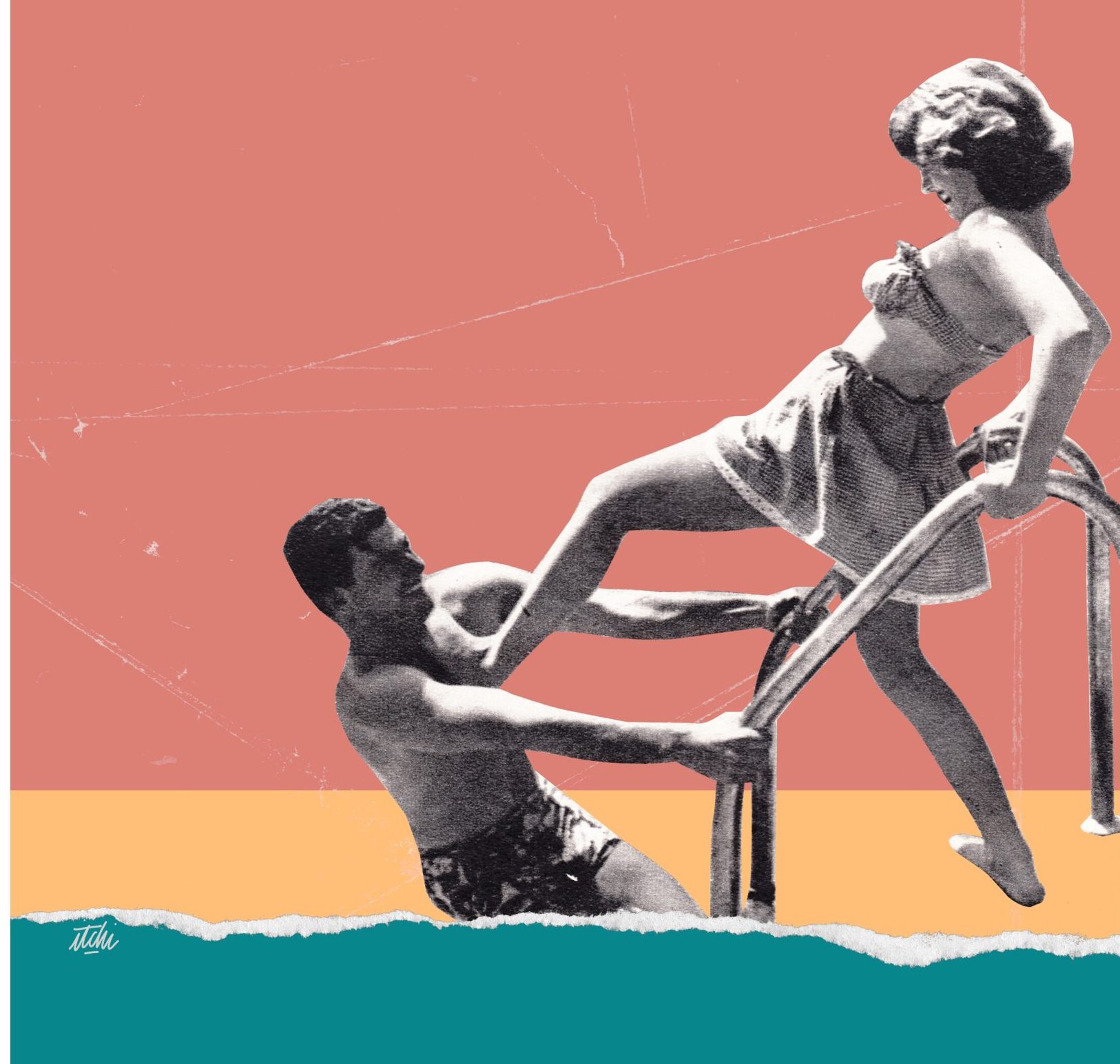 Illustration représentant un collage en nir et blanc sur un fond de couleur orange et vert. On y voit une femme poussant un homme dans une piscine avec son pied.