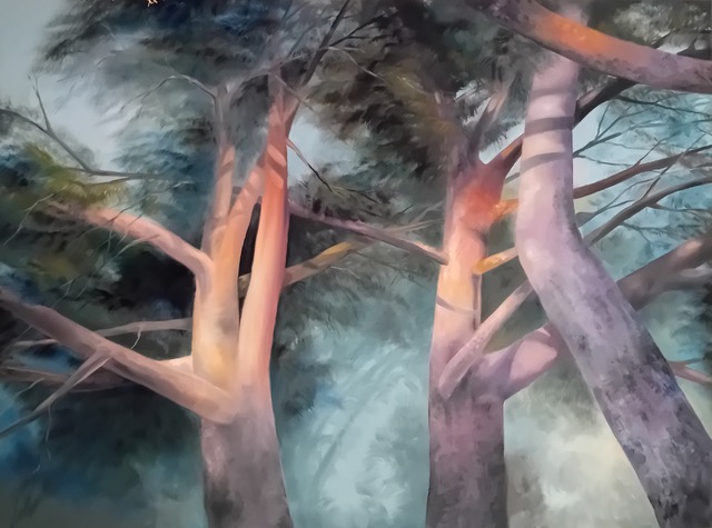 Peinture représentant des arbres vus de dessous
