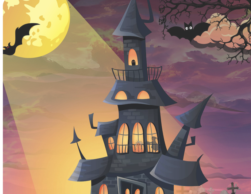 Illustration représentant une maison hantée entourée de chauve-souris.