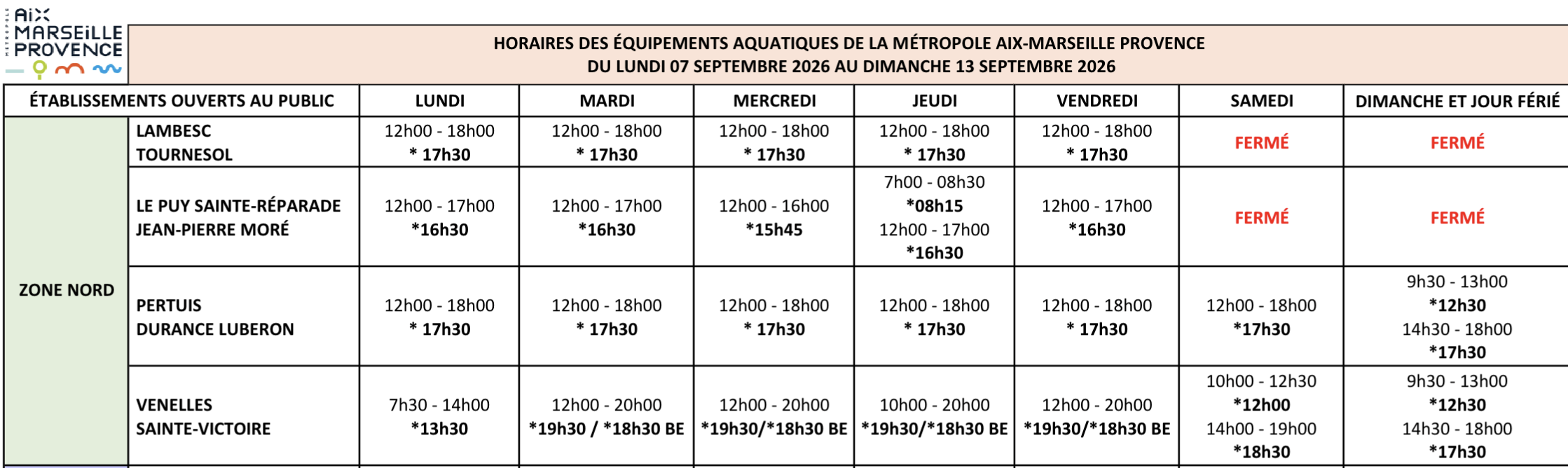 horaires piscine 2026-27 - 2