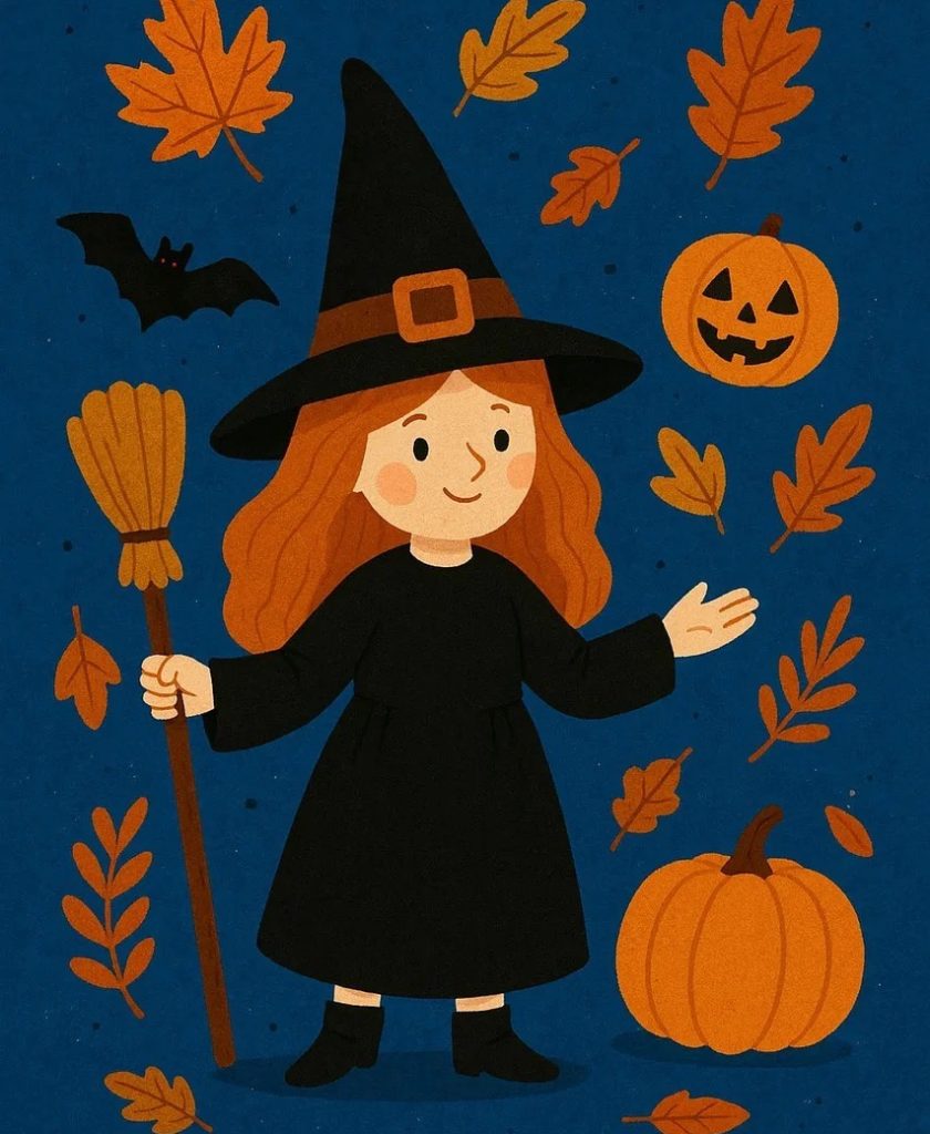 Illustration représentant une sorcière entourée de citrouilles, balai et feuilles d'automne.