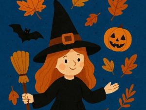 Illustration représentant une sorcière entourée de citrouilles, balai et feuilles d'automne.