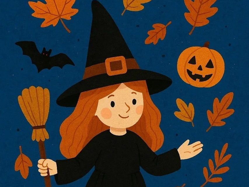 Illustration représentant une sorcière entourée de citrouilles, balai et feuilles d'automne.
