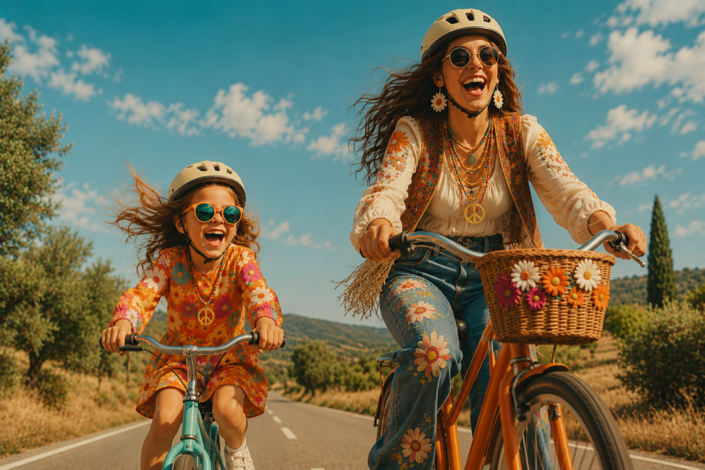 image de fillette et une adulte à vélo habillées en flower power