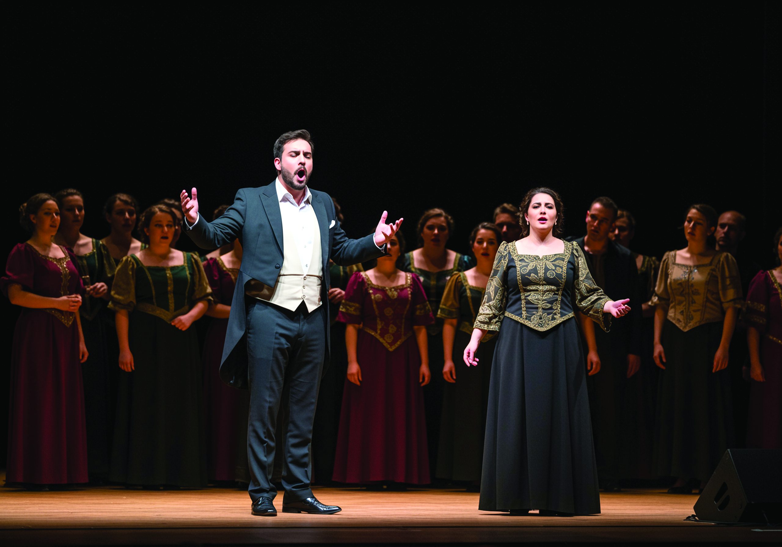Photo représentant un chanteur d'opéra à gauche vêtu d'un smoking et une chanteuse d'opéra vêtu d'une robe.