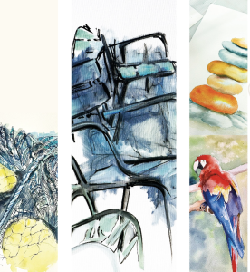 Montage photo représentant plusieurs paysages peints. On y distingue des rochers et un perroquet.