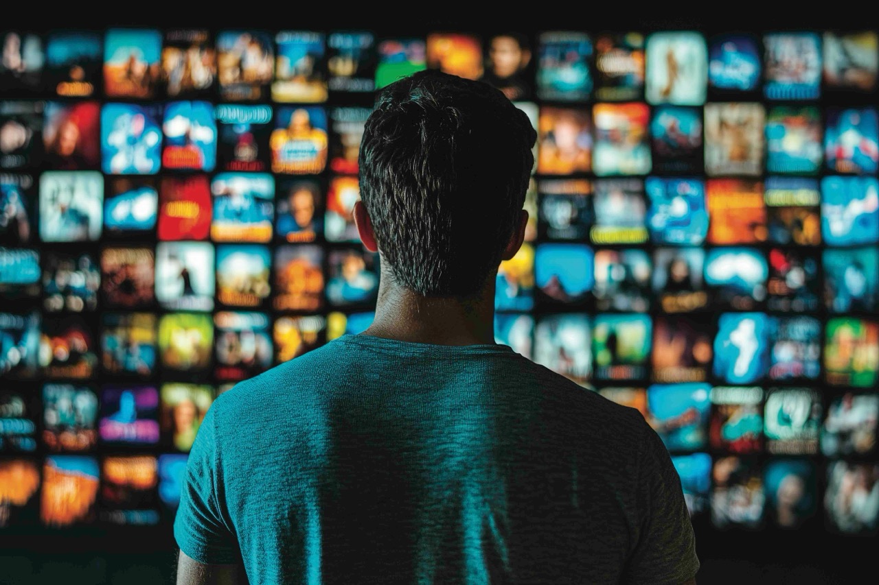 Photo représentant un homme de dos en train d'observer plein de petits écrans.