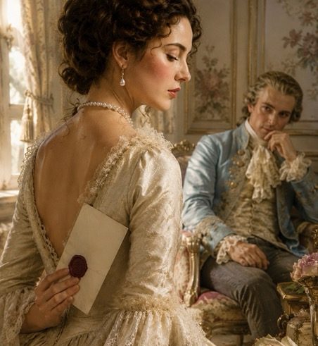 Photo représentant deux personnes dans un salon au temps des liaisons dangereuses. La femme tient une lettre dans son dos et l'homme l'observe