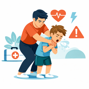 illustration, d'un père prodiguant la manœuvre de Heimlich sur un enfant