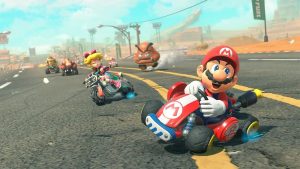Illustration représentant Une partie de Mario Kart où Mario Bros est en tête.
