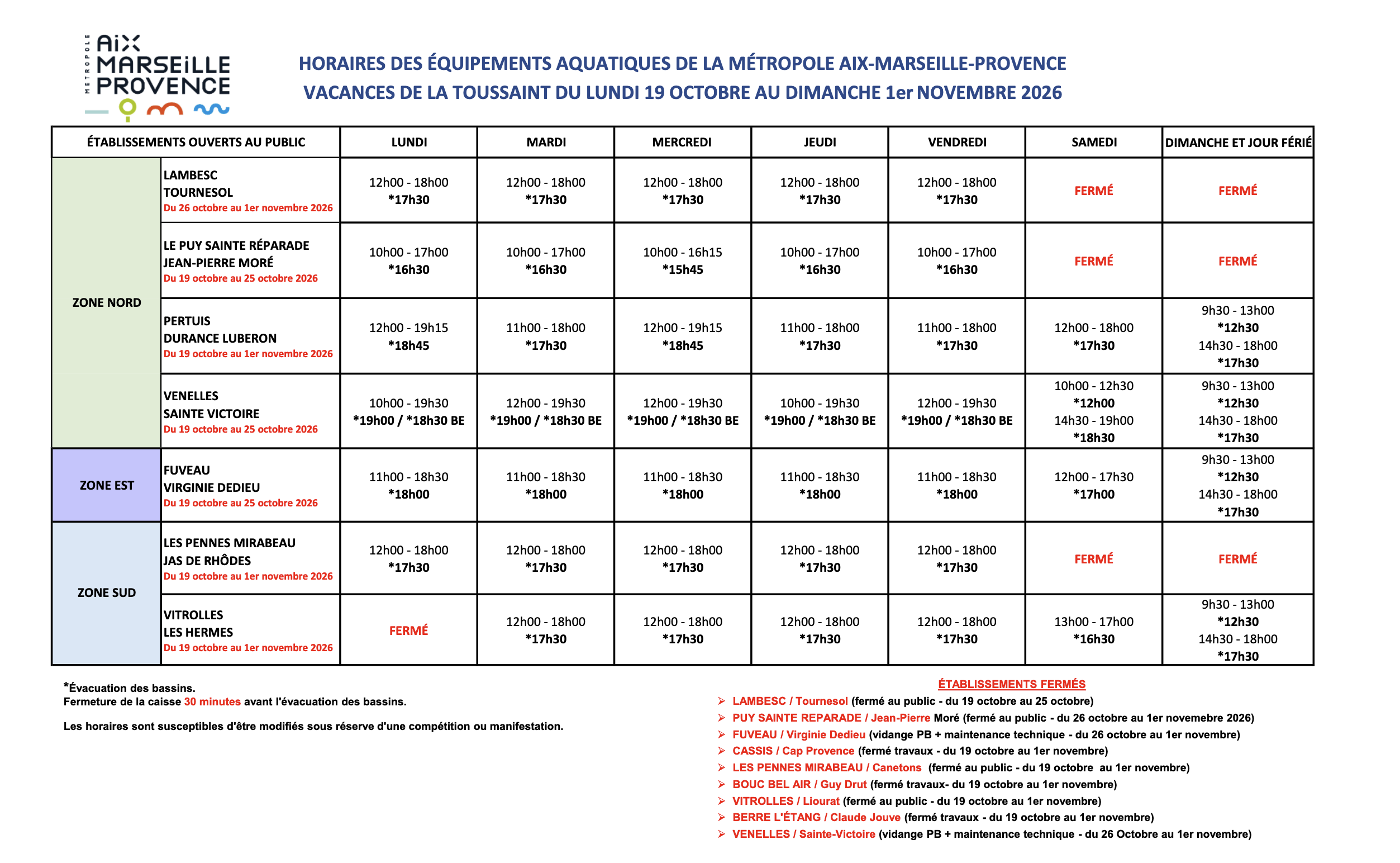 horaires piscine vacances Toussaint 2026
