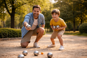 photo d'un adulte et d'un enfant qui jouent à la pétanque