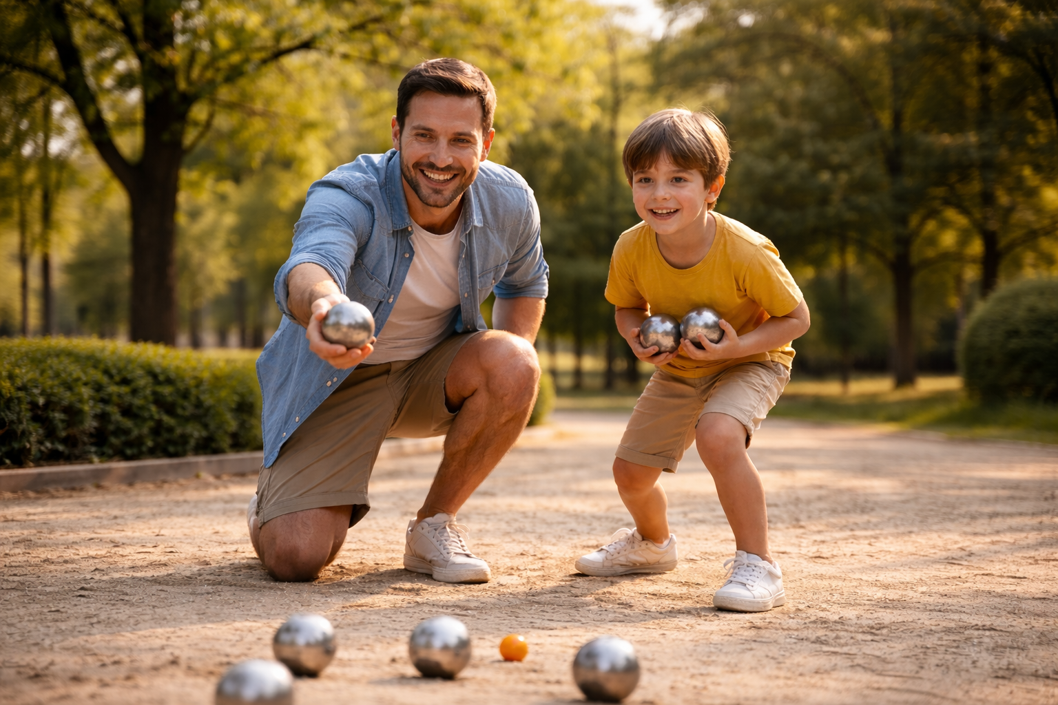 photo d'un adulte et d'un enfant qui jouent à la pétanque