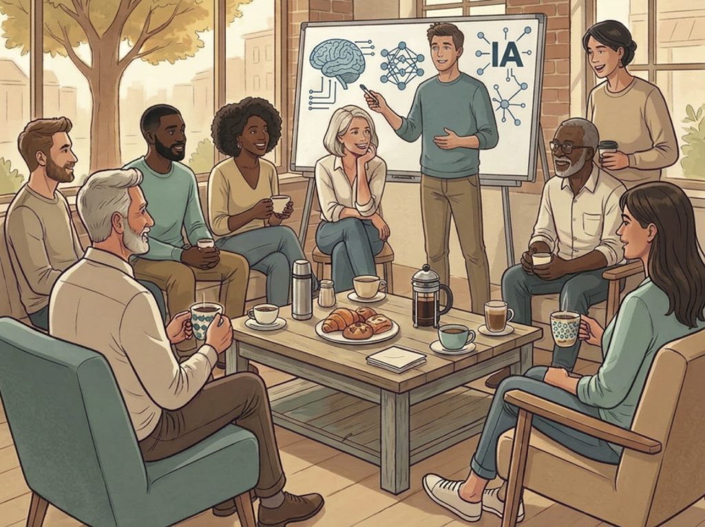 Illustration représentant des personnes assises dans une salle en train d'échanger autour de la thématique de l'IA