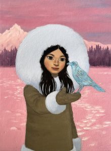 Illustration de Christel Espié représentant une petite fille inuit qui tient un oiseau dan ses mains