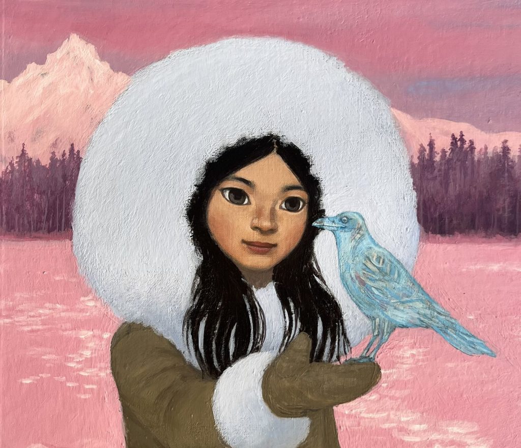 Illustration de Christel Espié représentant une petite fille inuit qui tient un oiseau dan ses mains