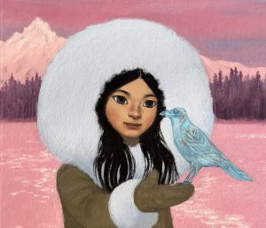 Illustration de Christel Espié représentant une petite fille inuit qui tient un oiseau dan ses mains