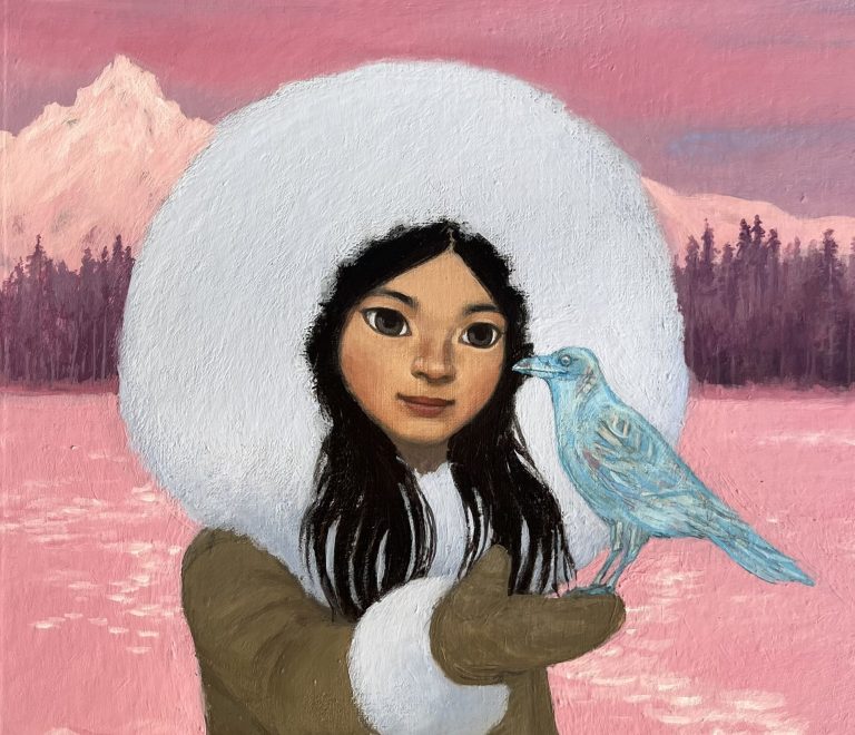 Illustration de Christel Espié représentant une petite fille inuit qui tient un oiseau dan ses mains