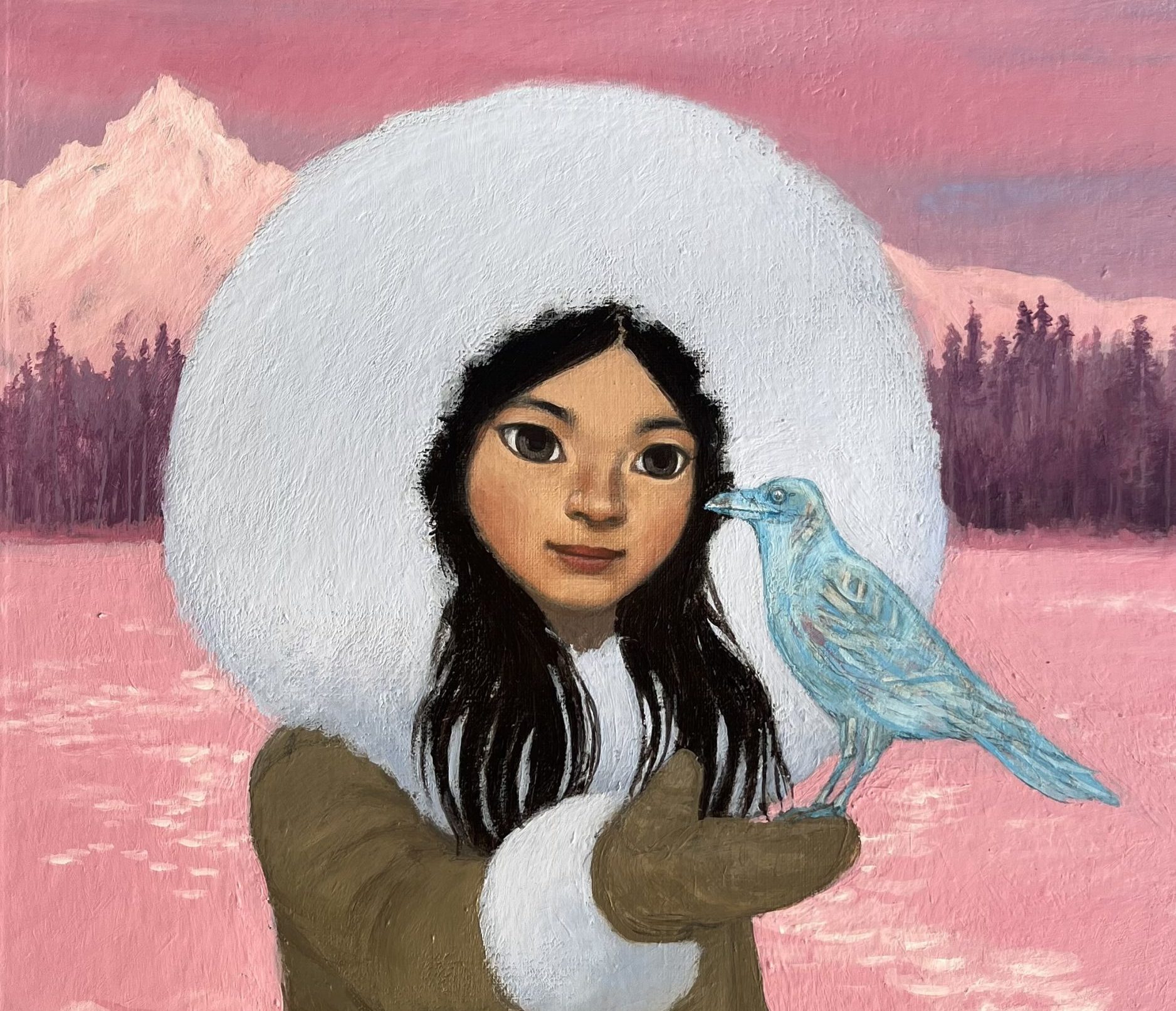 Illustration de Christel Espié représentant une petite fille inuit qui tient un oiseau dan ses mains