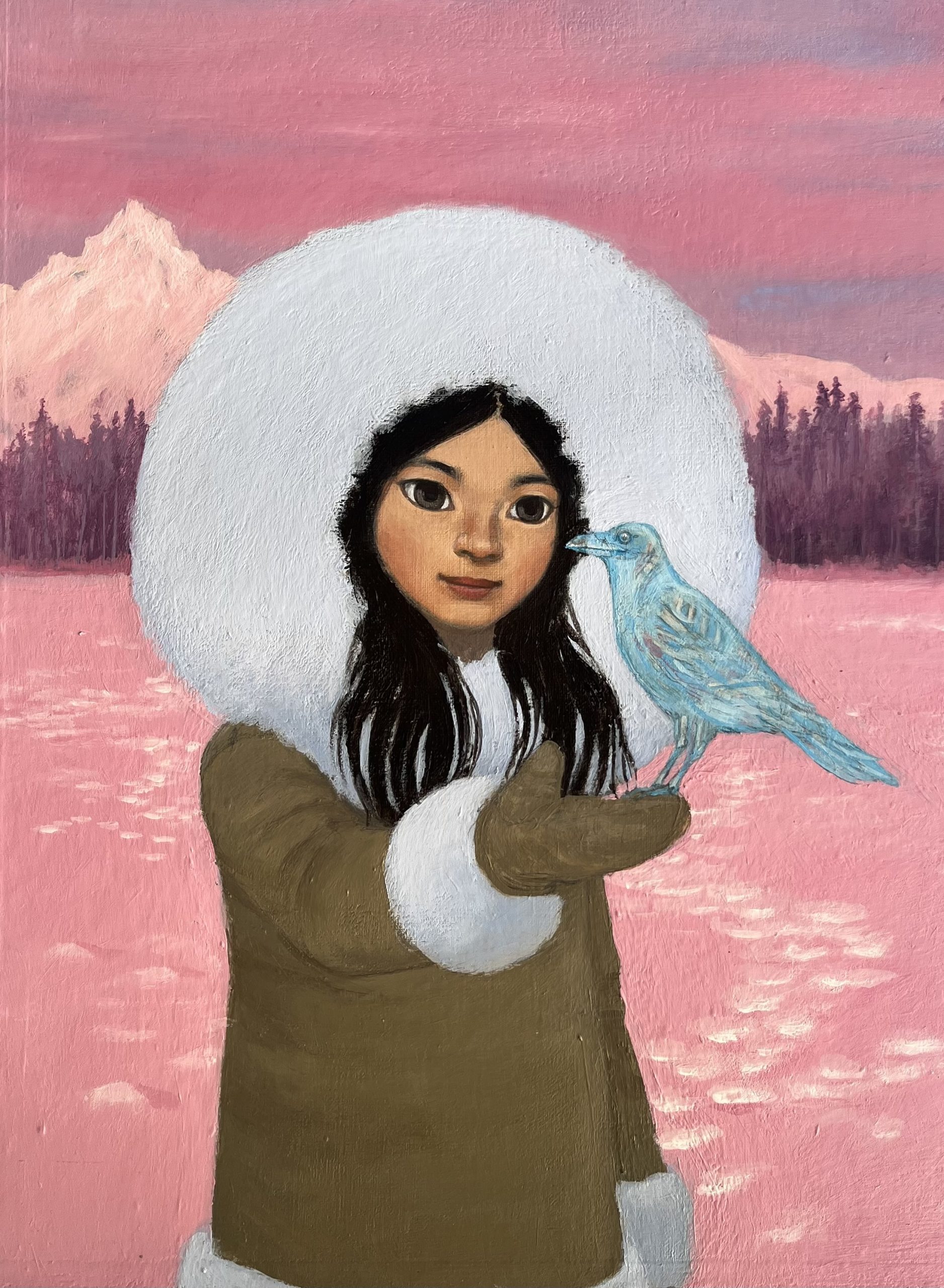 Illustration de Christel Espié représentant une petite fille inuit qui tient un oiseau dan ses mains