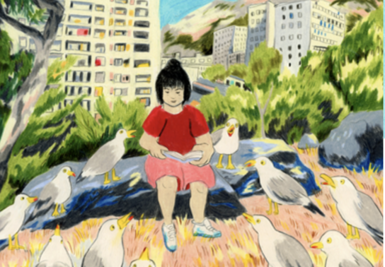 Illustration représentant une petite fille en train de lire dehors au pied d'un immeuble