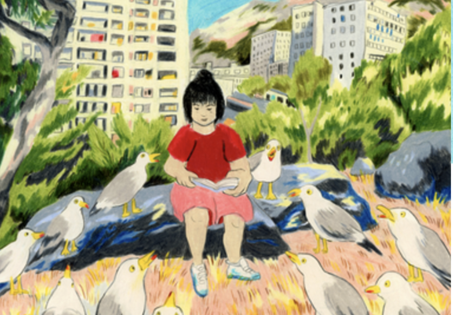 Illustration représentant une petite fille en train de lire dehors au pied d'un immeuble