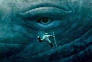 illustration représentant un personnage en train de nager endirection d'une baleine