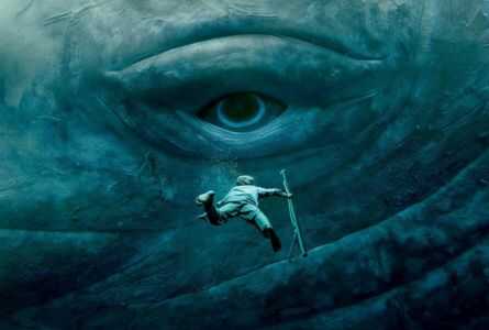 illustration représentant un personnage en train de nager endirection d'une baleine