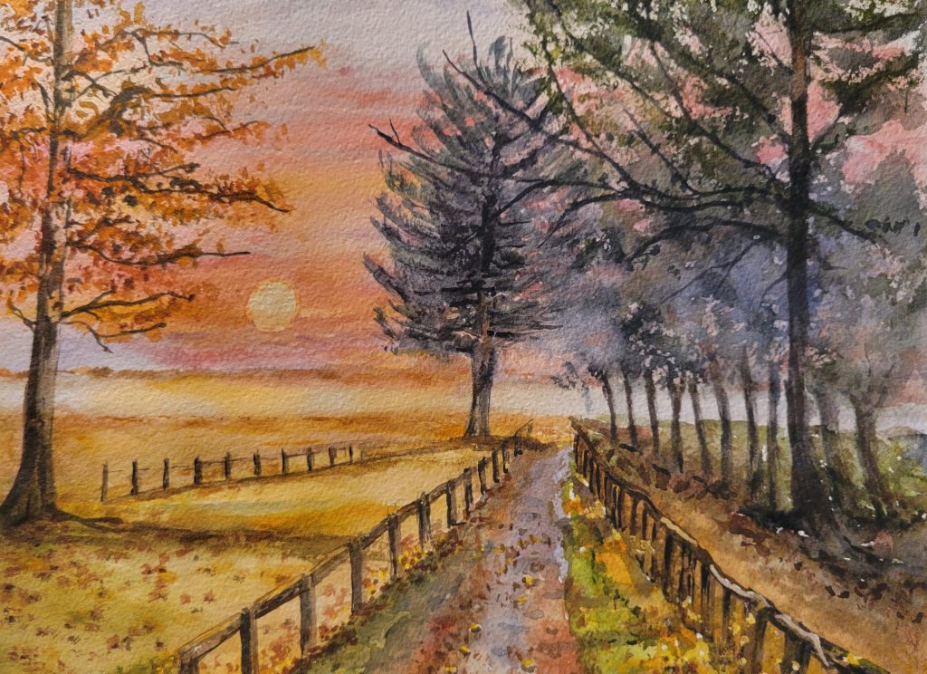 Aquarelle représentant un chemin dans la campagne, soleil couchant en hiver