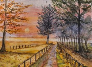 Aquarelle représentant un chemin dans la campagne, soleil couchant en hiver
