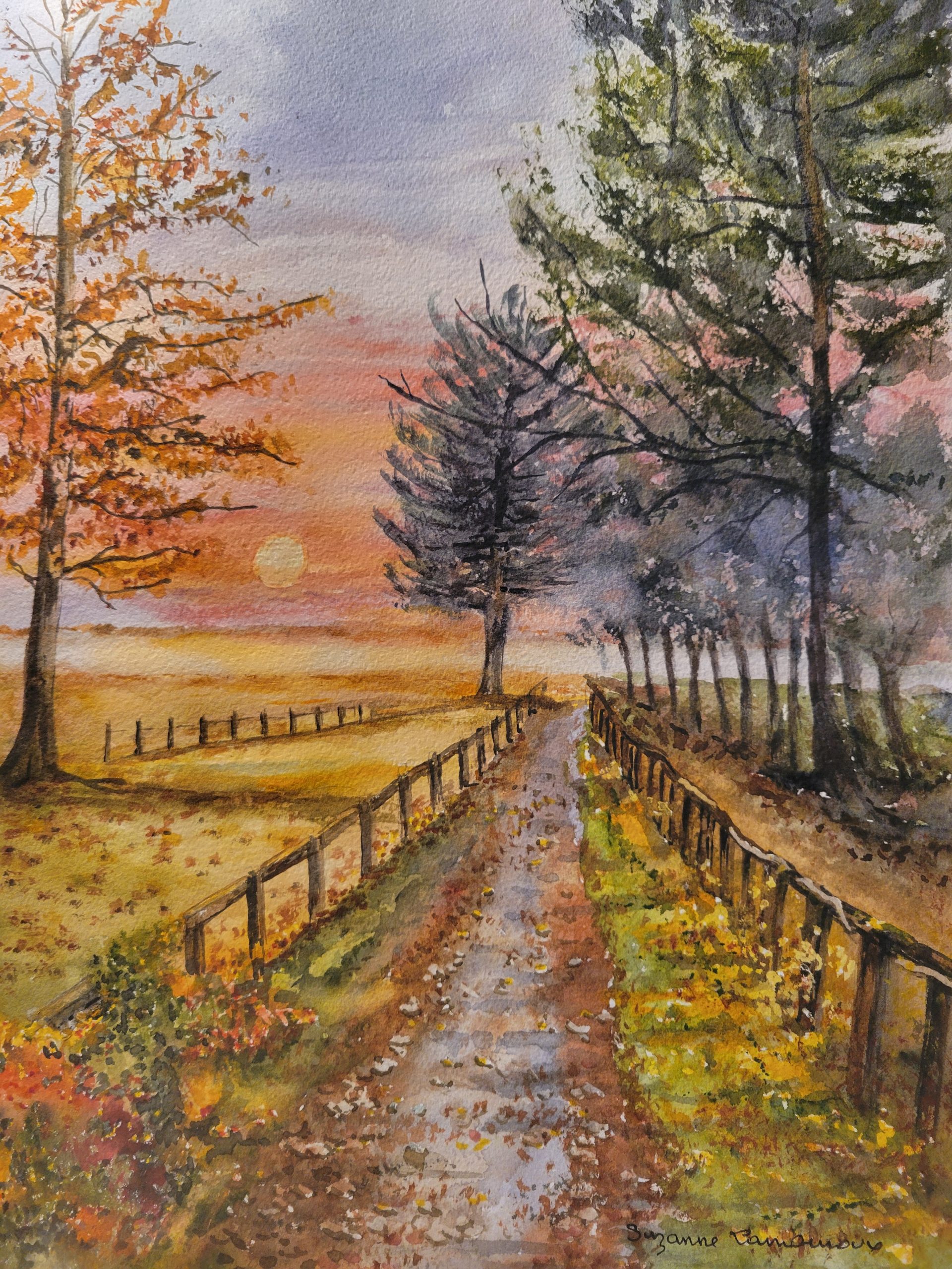 Aquarelle représentant un chemin dans la campagne, soleil couchant en hiver