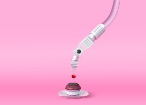 Illustration représentant un bras robotique technique saisissant une cerise et la déposant sur un cupcake